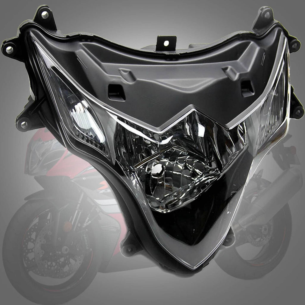 Motorcycle headlight assembly with clear lens, chrome reflector bowl, black housing