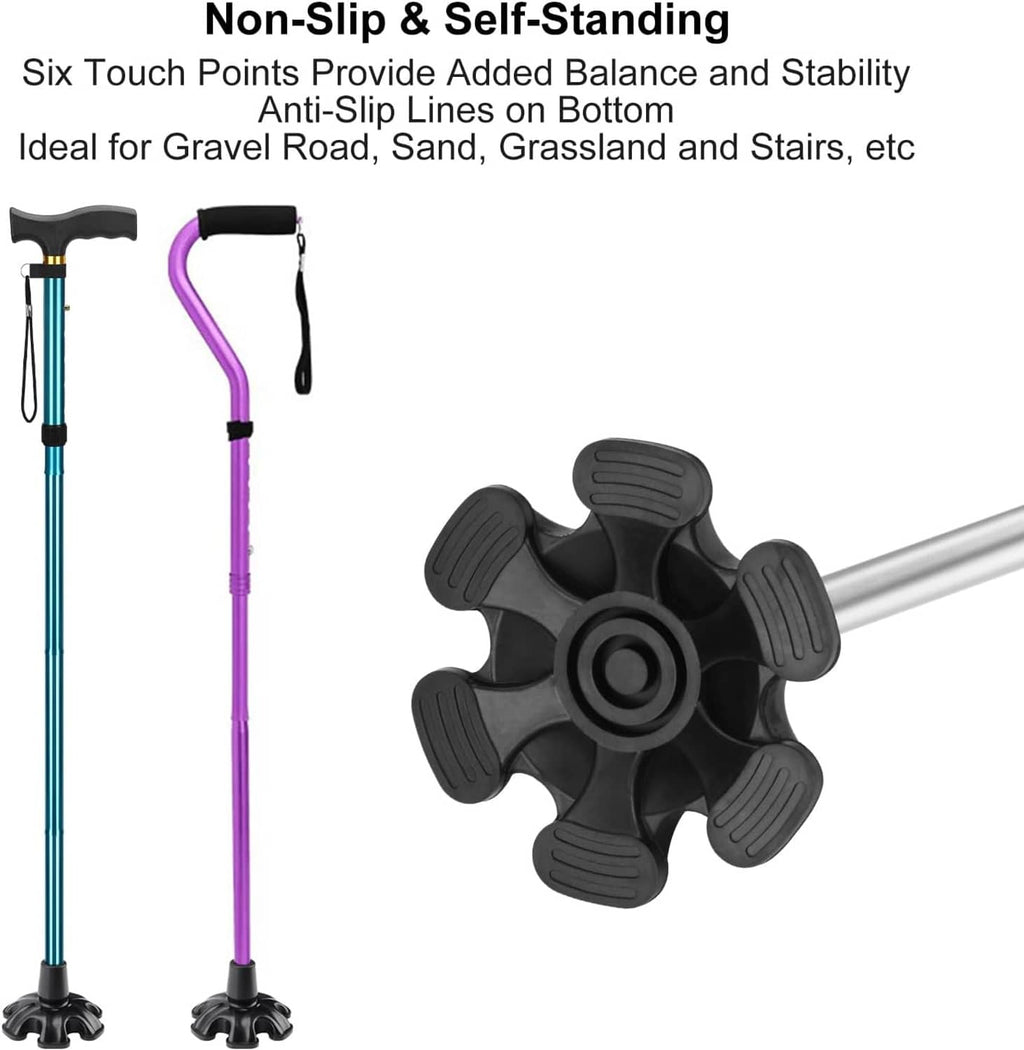 Black rubber cane tip replacement with multi-prong non-slip self-standing base
