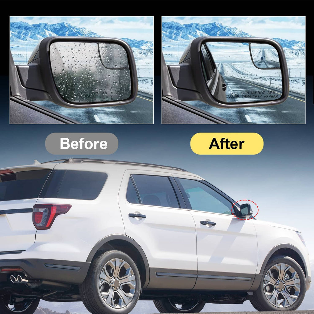 Right door mirror replacement shown on SUV door, black housing with clear glass