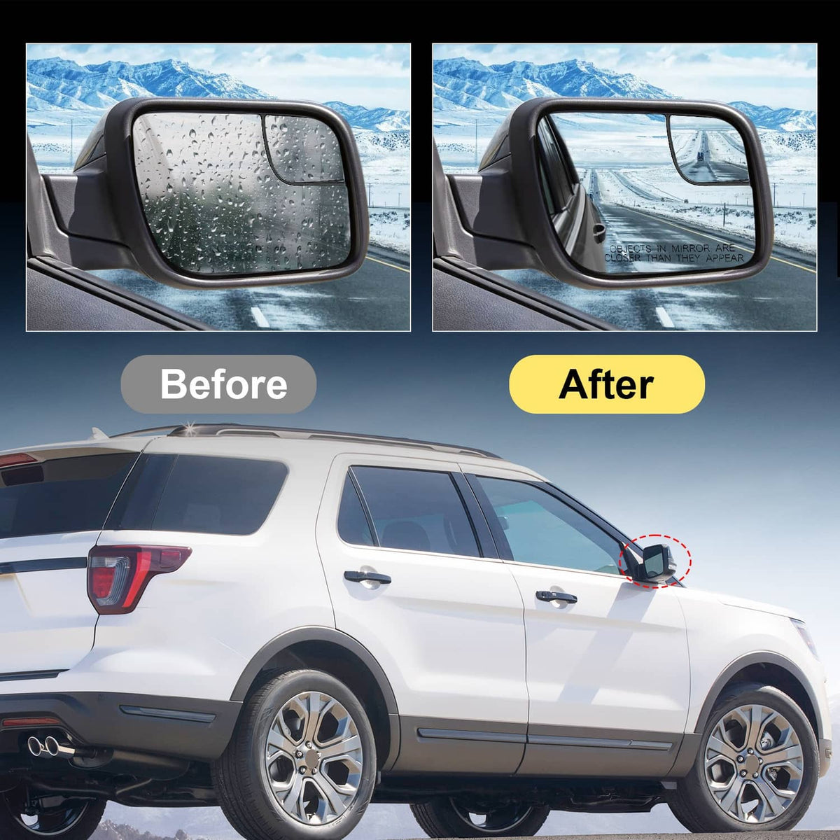 Right door mirror replacement shown on SUV door, black housing with clear glass