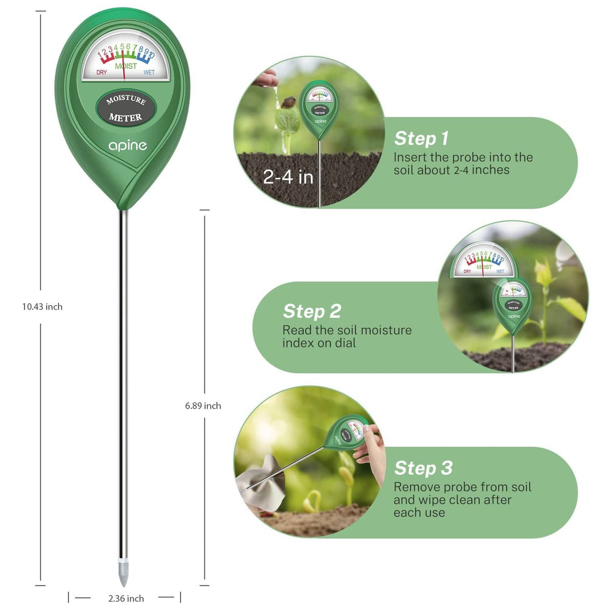 Soil moisture meter with long probe and moisture scale dial, height diagram