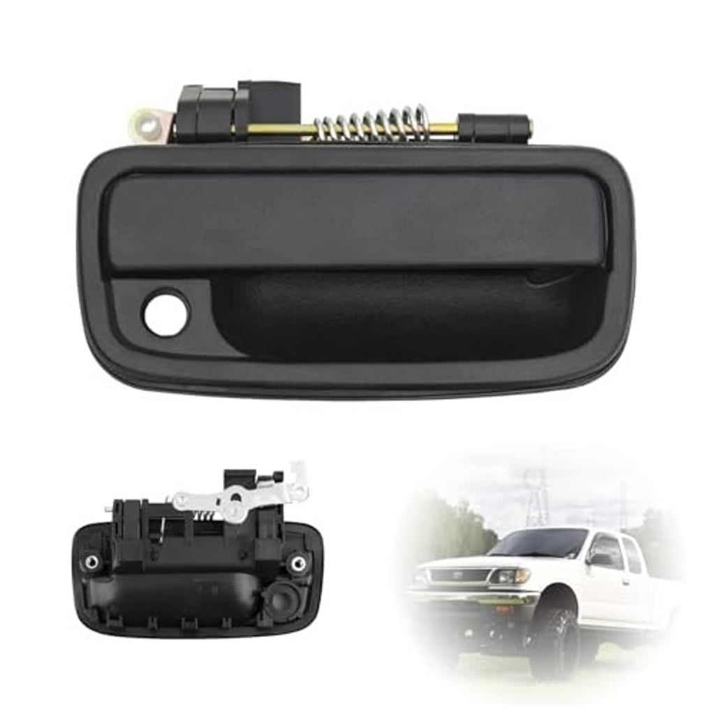 Black exterior door handle in molded plastic, round key hole on front face