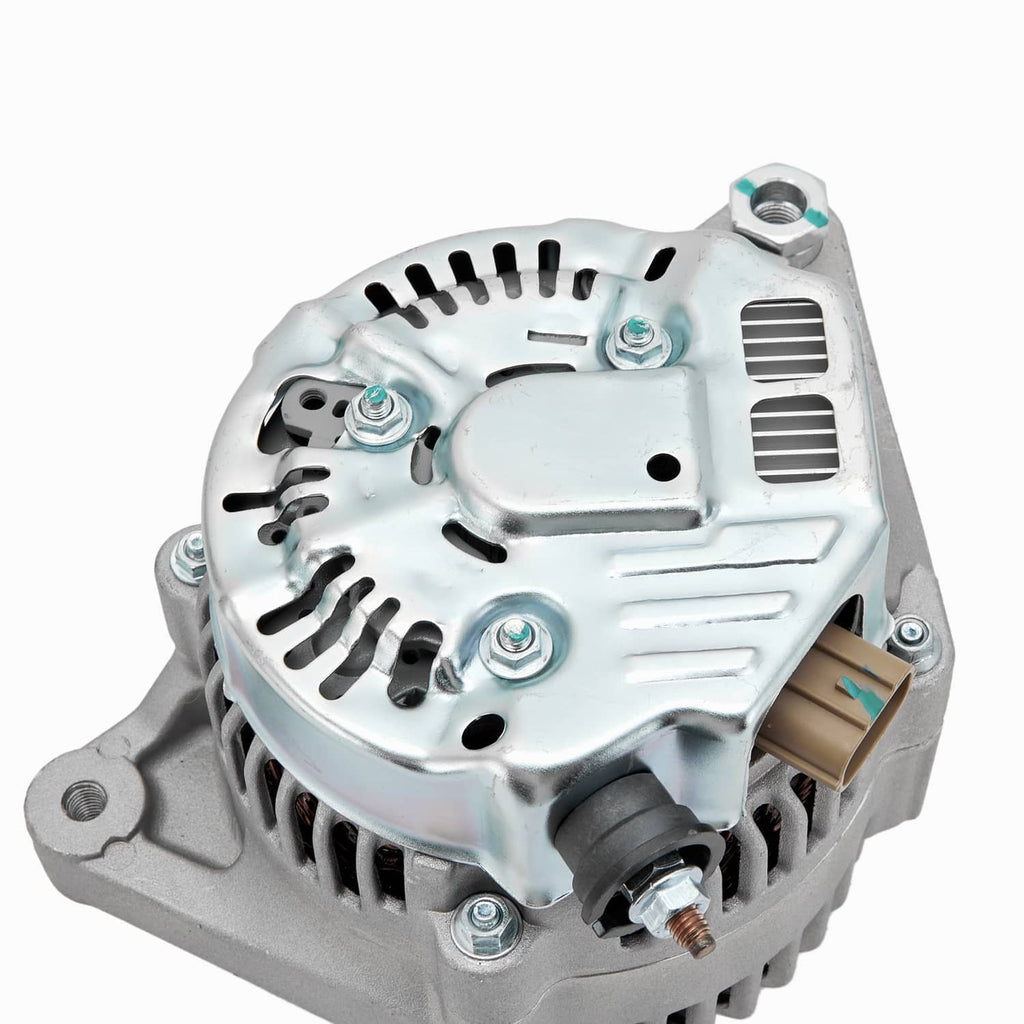 New alternator with silver metal housing, mounting bracket, and vented design
