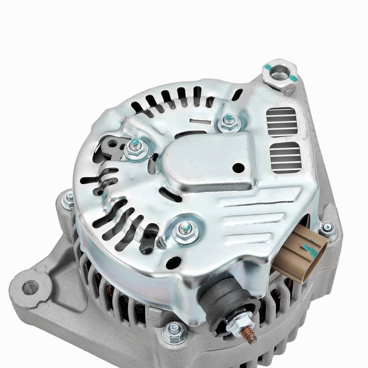 New alternator with silver metal housing, mounting bracket, and vented design