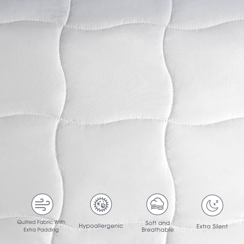 White quilted mattress pad fabric close-up with hypoallergenic and extra-silent icons