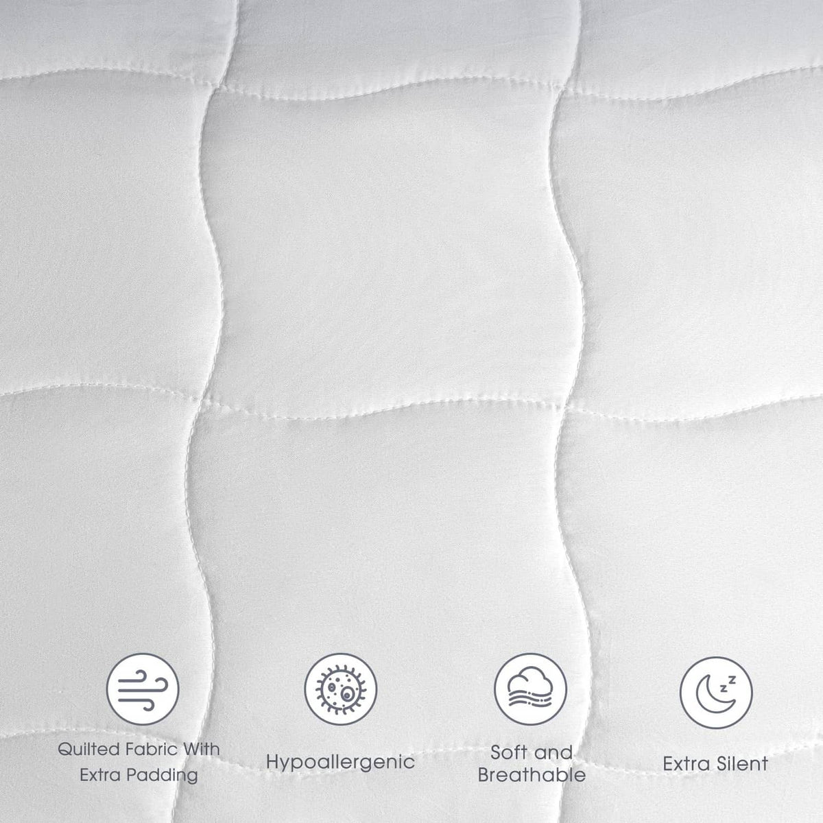 White quilted mattress pad fabric close-up with hypoallergenic and extra-silent icons
