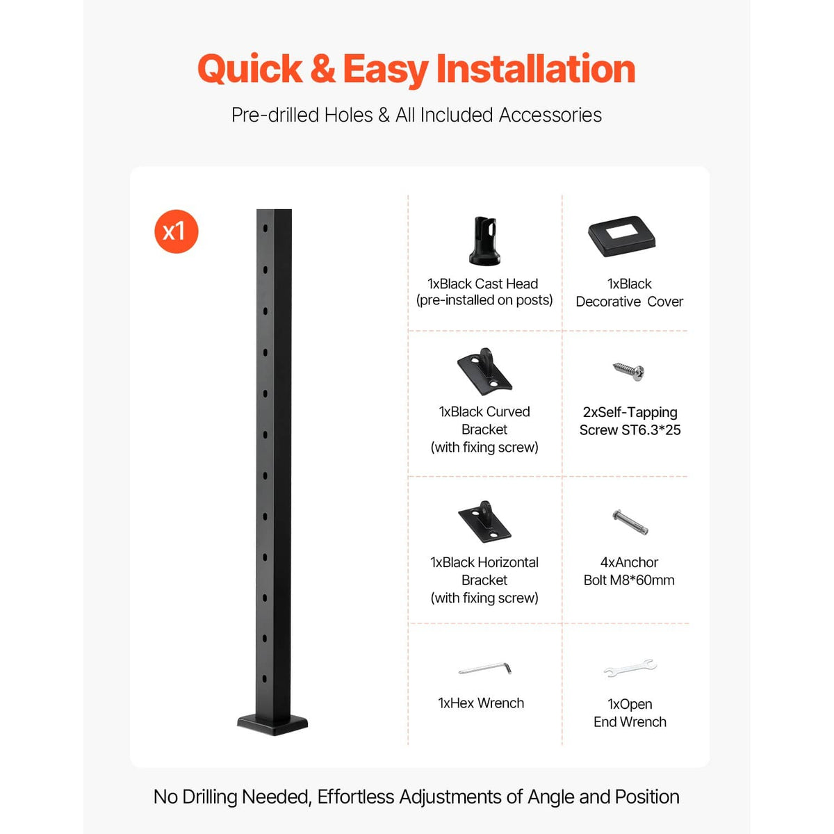 Black pre-drilled cable railing post with included brackets, screws, and hex wrench