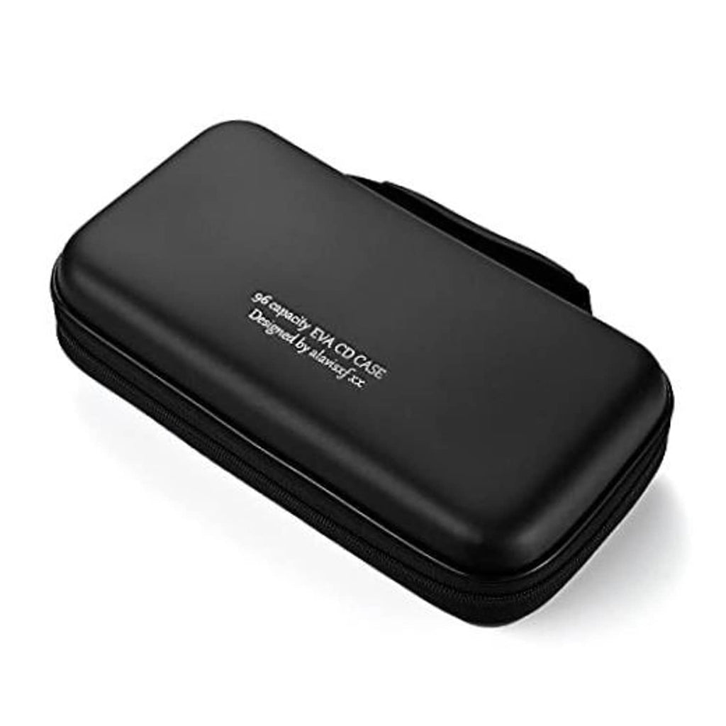 Black hard EVA DVD/CD case with zip closure, rounded shell, printed branding.
