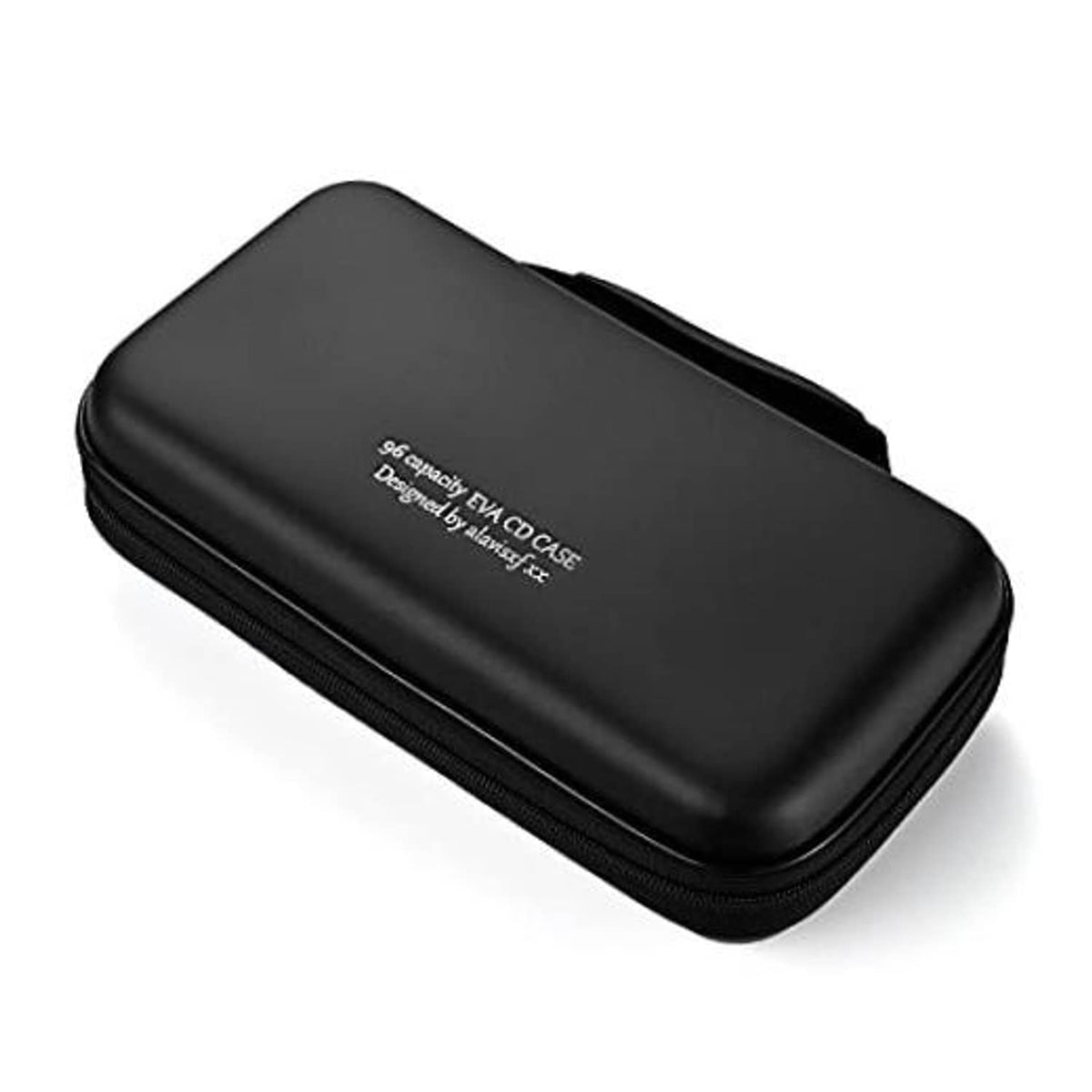 Black hard EVA DVD/CD case with zip closure, rounded shell, printed branding.