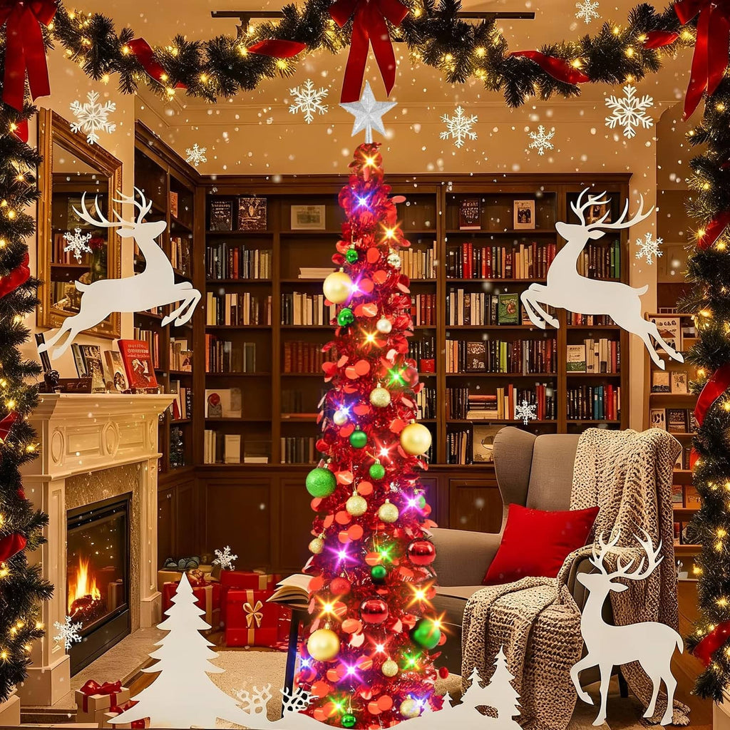 Red 6ft pop-up Christmas tree decorated with ornaments and colorful LED lights, star topper.