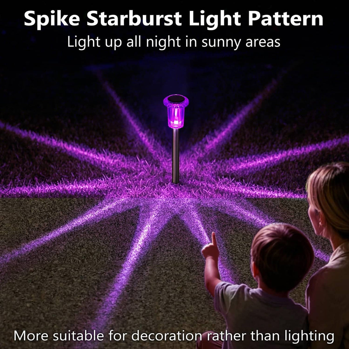 Single purple solar spike light projecting starburst rays across the yard at night