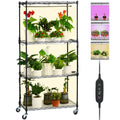 Black 4-tier plant grow shelf with metal frame and wire shelves, lit by grow lights