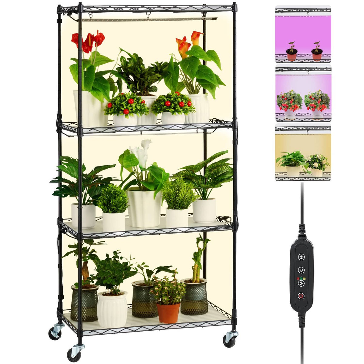 Black 4-tier plant grow shelf with metal frame and wire shelves, lit by grow lights