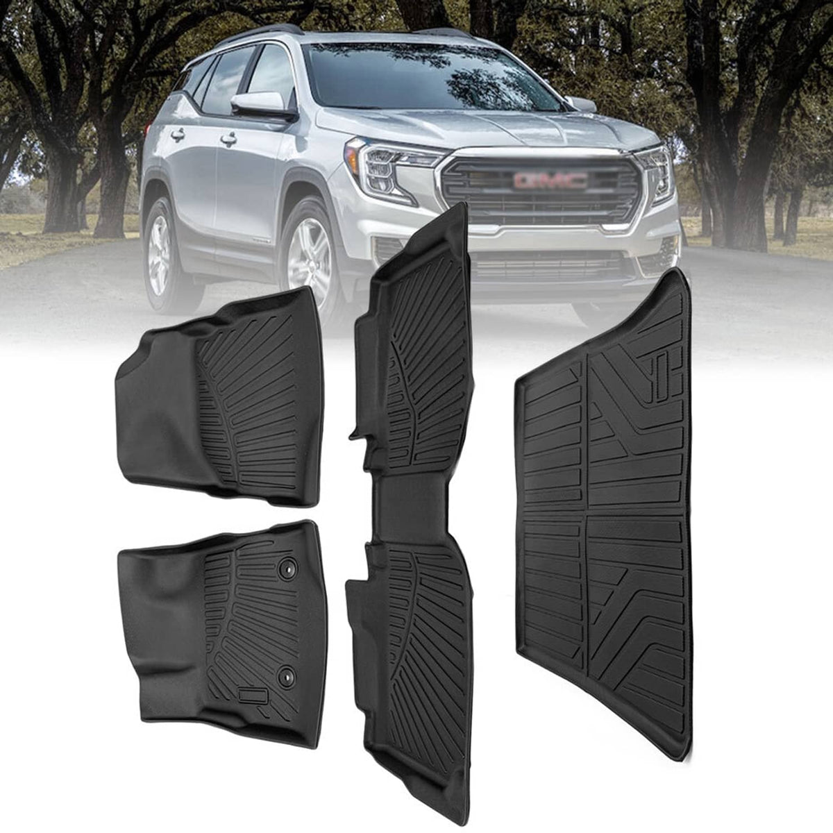 Black rear cargo liner and floor mats with textured ridges and raised edges