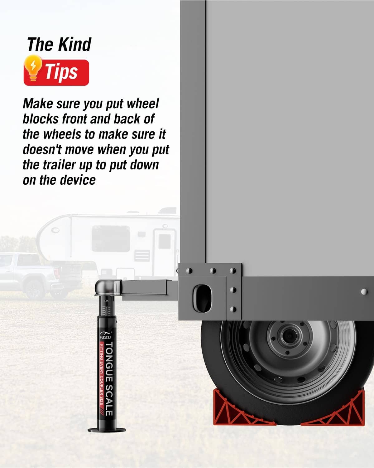 Black trailer tongue weight scale mounted near a trailer wheel with bracket base