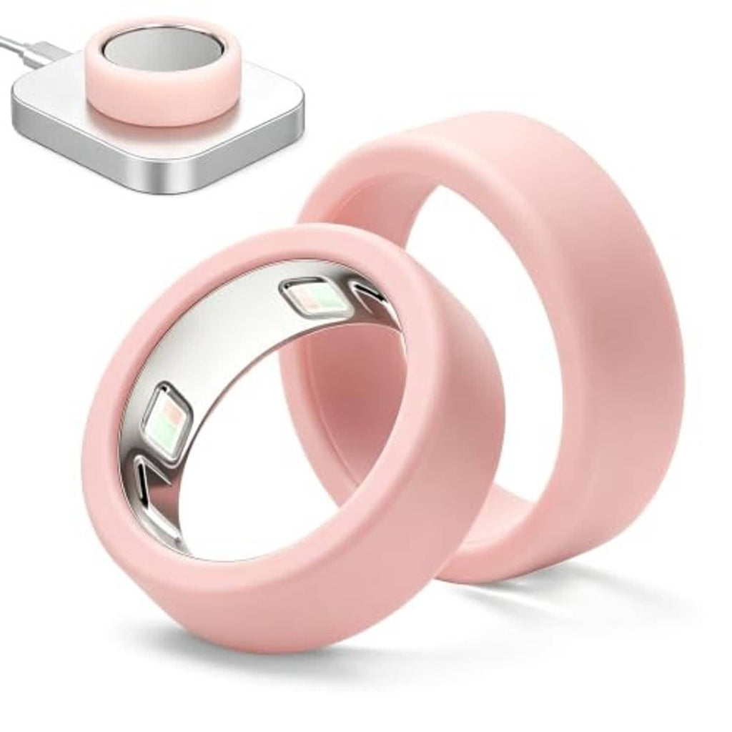 Pink silicone ring cover pair for Oura Ring Gen 5, angled view of sensor window
