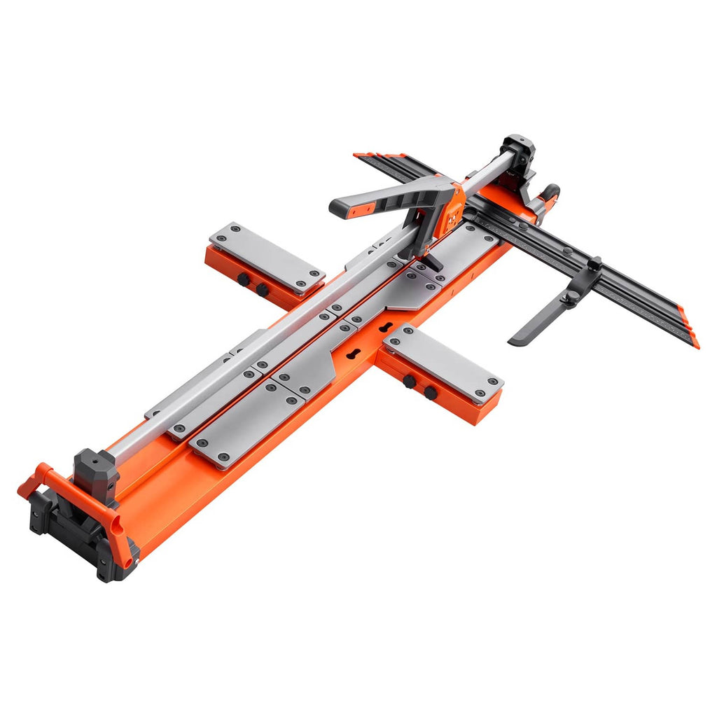 Manual tile cutter with orange frame, black cutting guide rails, angle adjustment plate