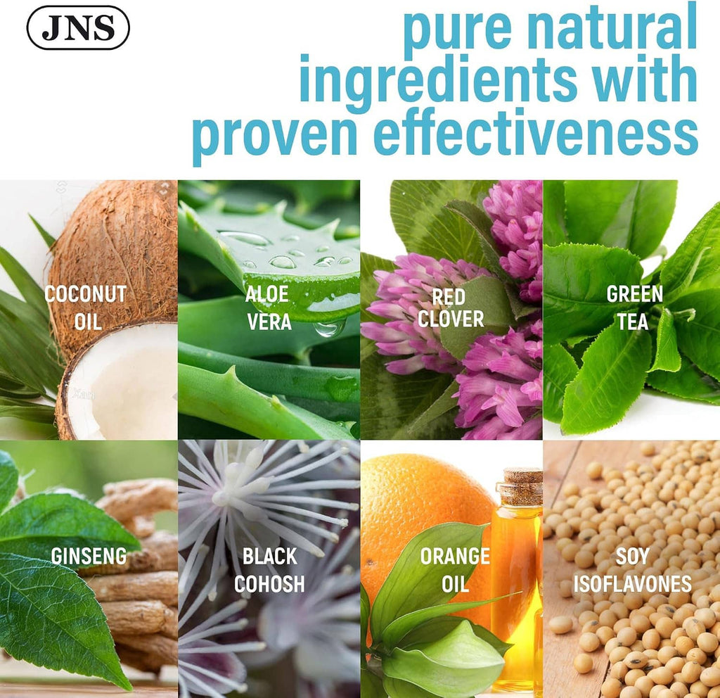 Ingredient collage featuring soy isoflavones, aloe vera, red clover, green tea, oils