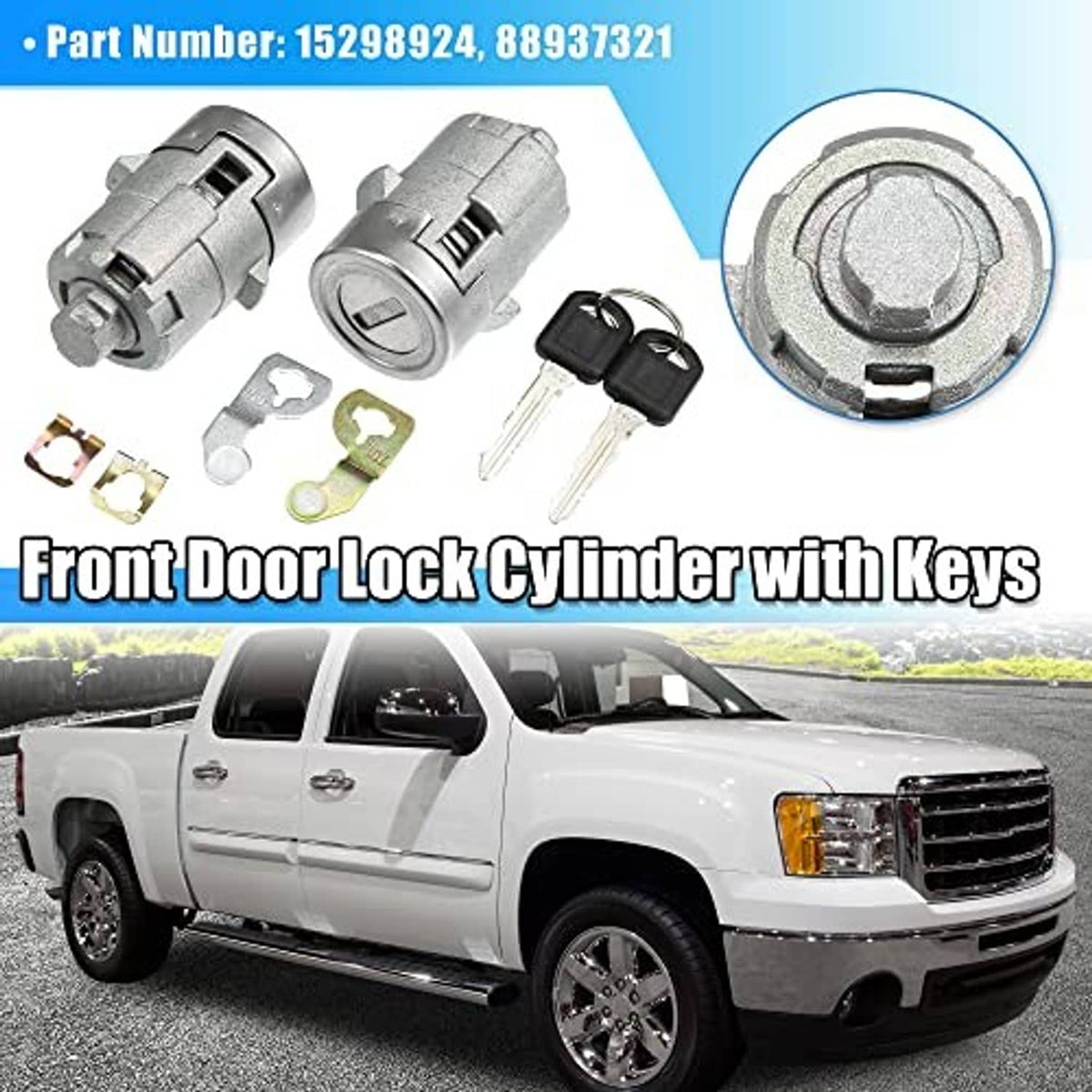 Two silver lock cylinders with two black keys and front lock face detail