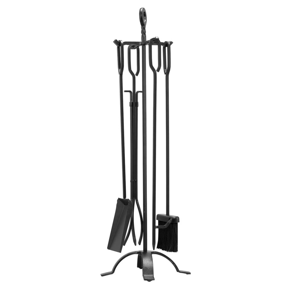 Black fireplace tool set with stand: tongs, shovel, brush, poker, scoop