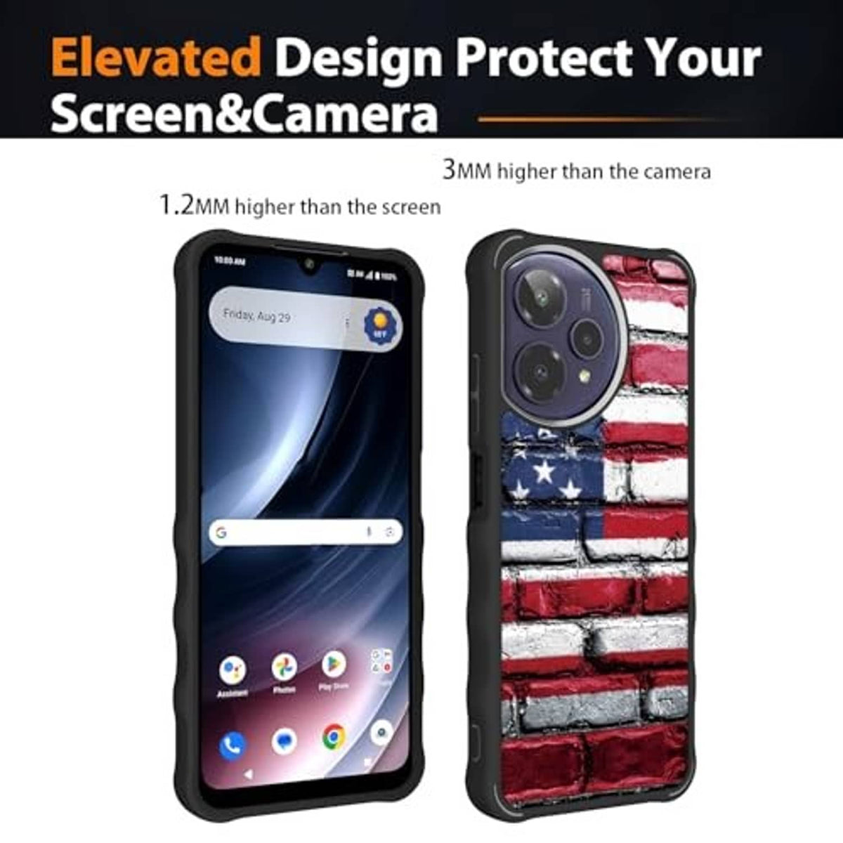 Phone case with raised bezel design and American flag brick print