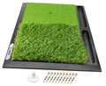 Foldable golf practice mat with green artificial turf and black rubber base, includes tees