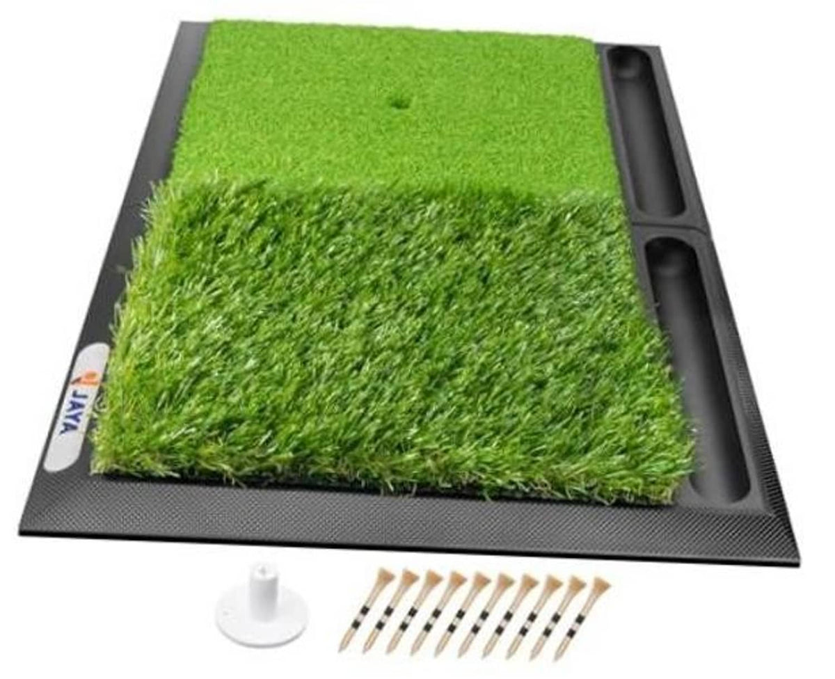 Foldable golf practice mat with green artificial turf and black rubber base, includes tees