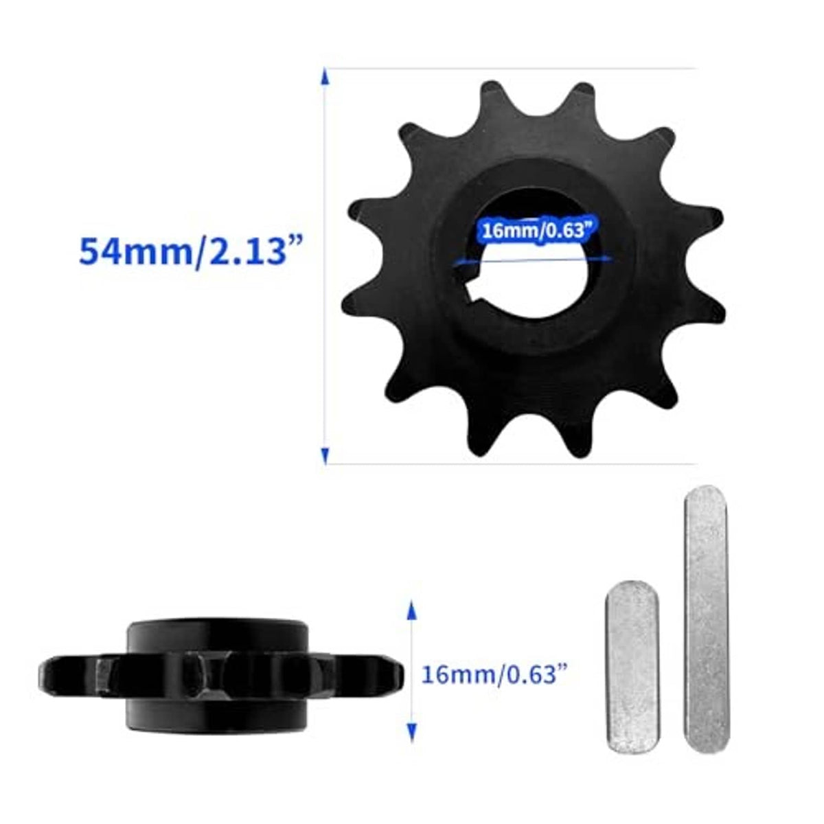 Black 12-tooth sprocket with central bore and keyway, two metal key bars