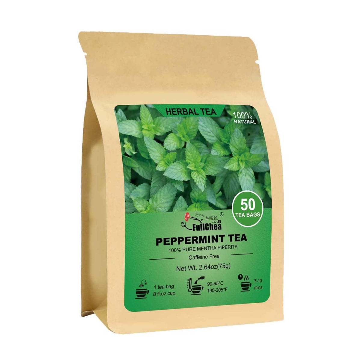 Peppermint herbal tea bag pack, 50-count, with mint leaves on green label