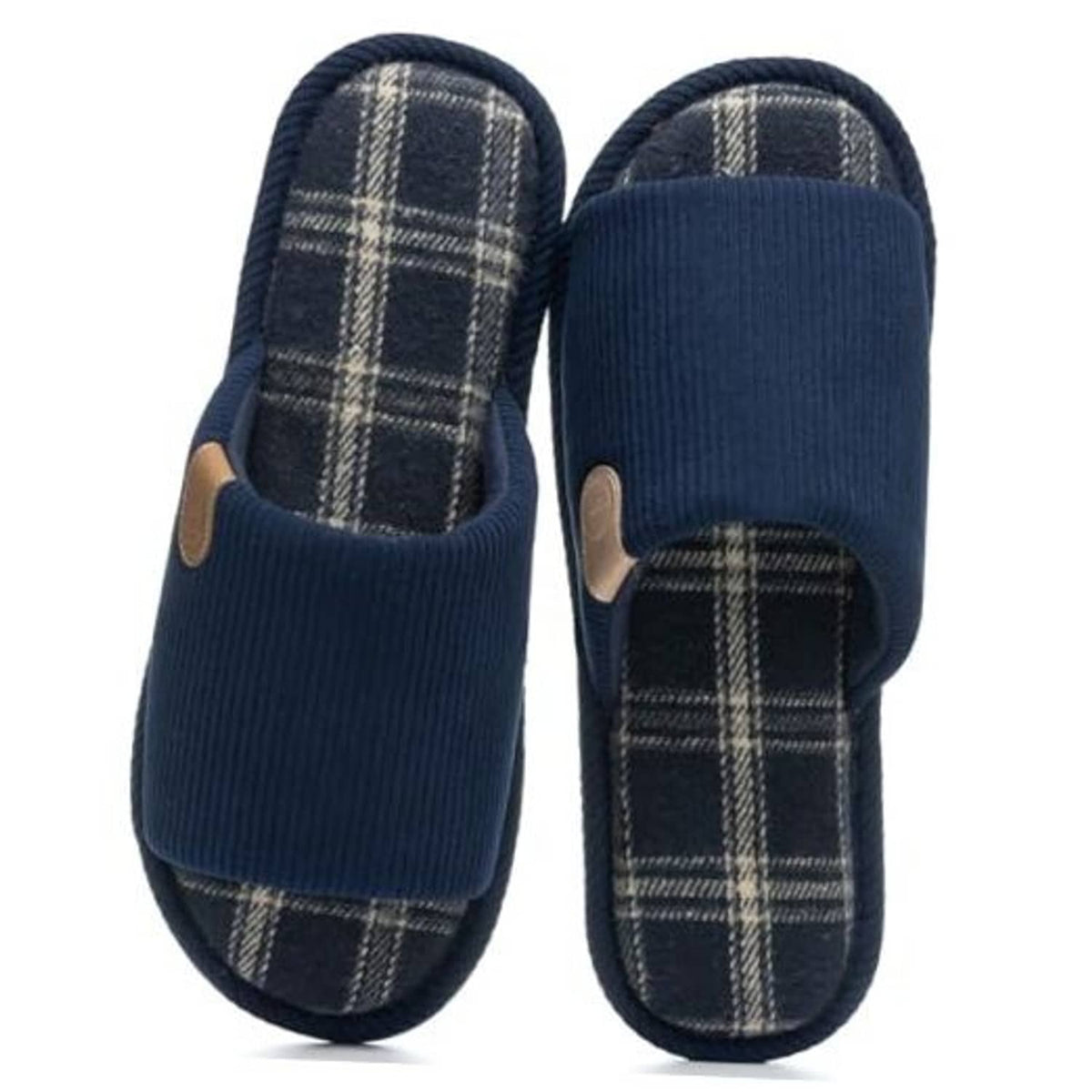 Dark blue corduroy slip-on slippers with plaid lining and cushioned sole