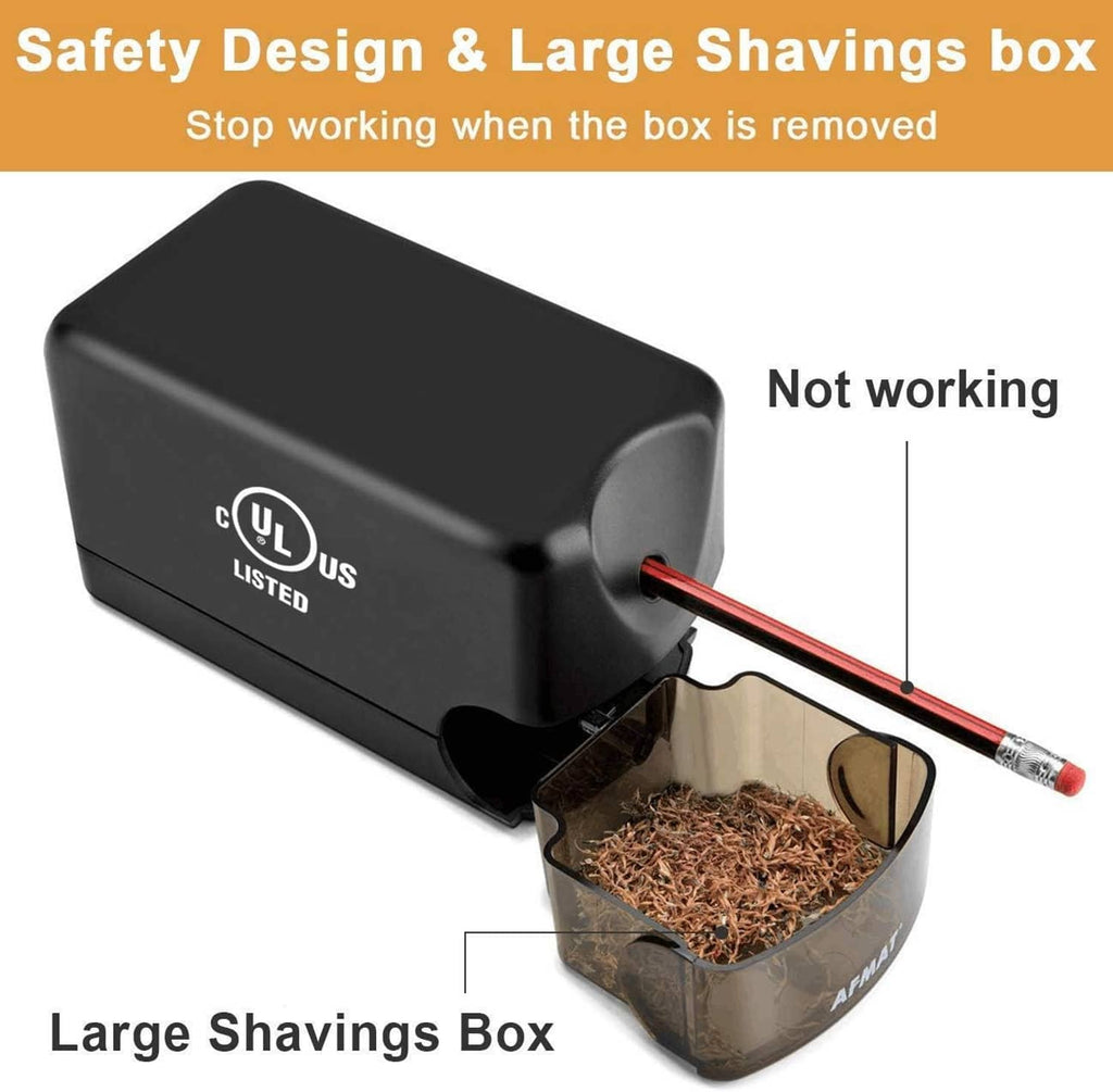 Black pencil sharpener with open shavings box holding wood shavings
