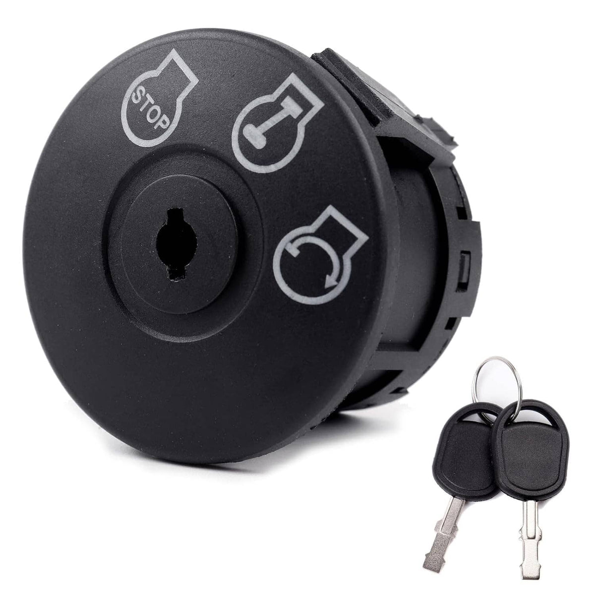 Ignition switch with keys, black circular knob with start/stop/reverse icons