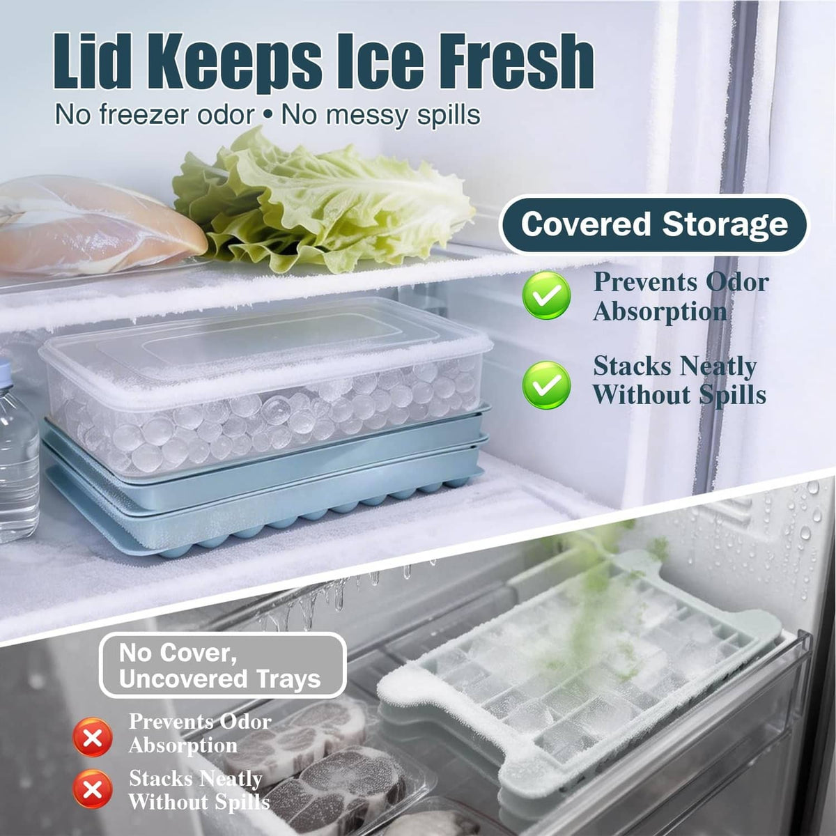Blue storage bin and mini ice tray stacked in freezer with lid