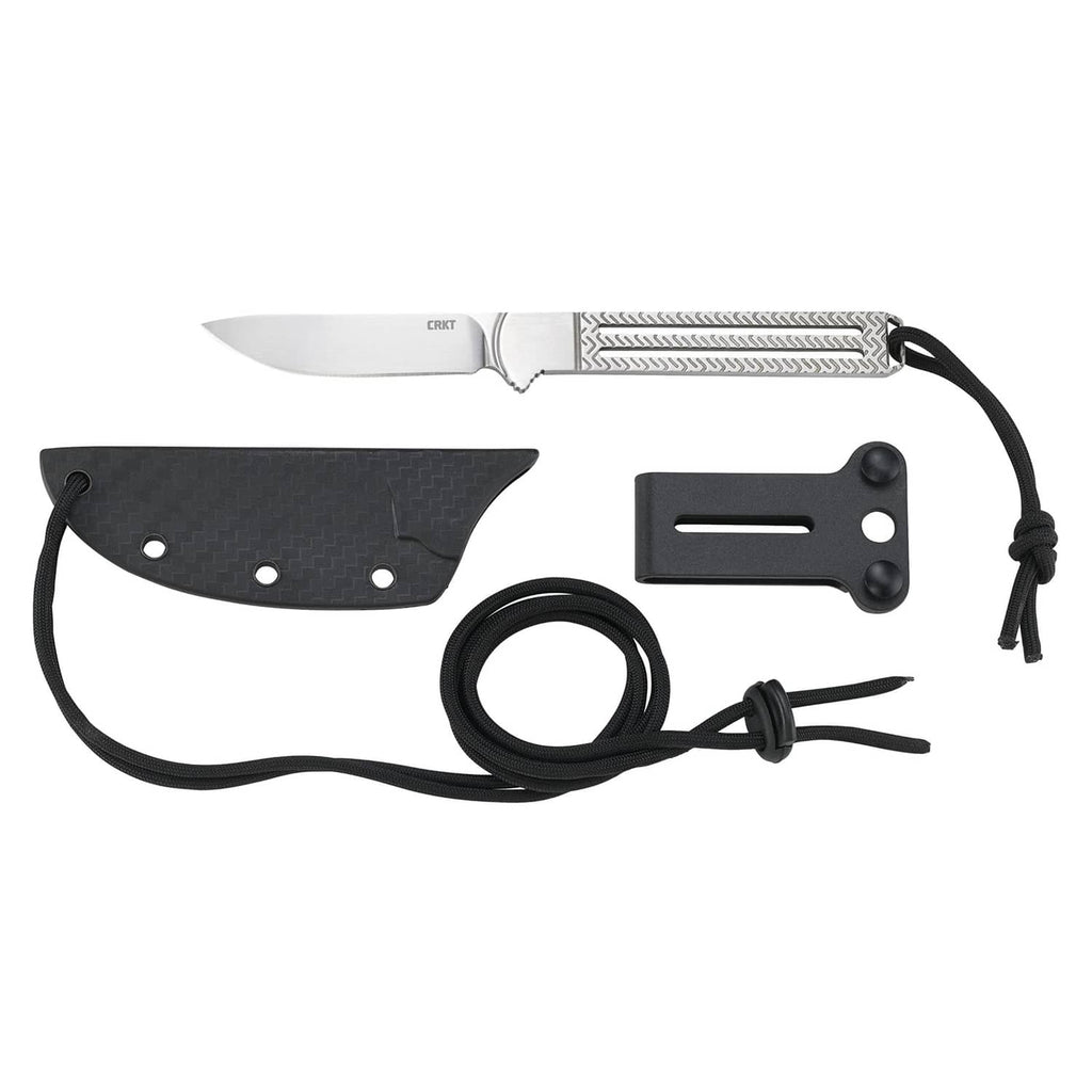 Fixed blade knife set with black sheath, black lanyard cord, and belt loop holder