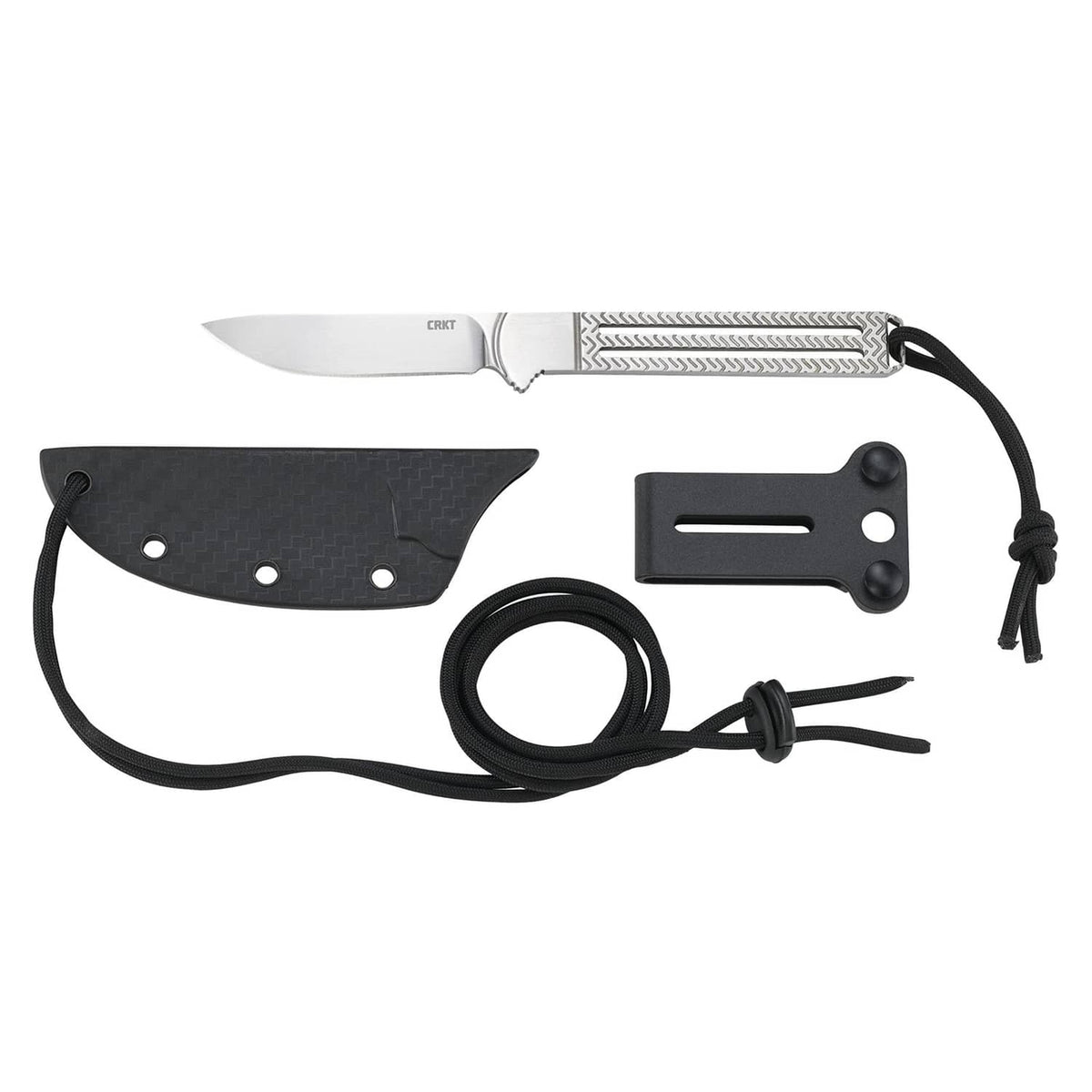 Fixed blade knife set with black sheath, black lanyard cord, and belt loop holder