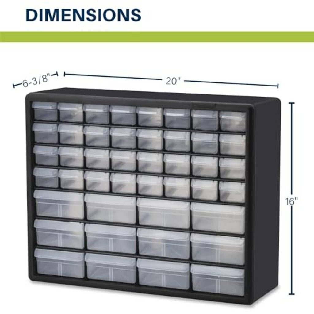 Black plastic drawer cabinet with 44 clear drawers, shown with size dimensions
