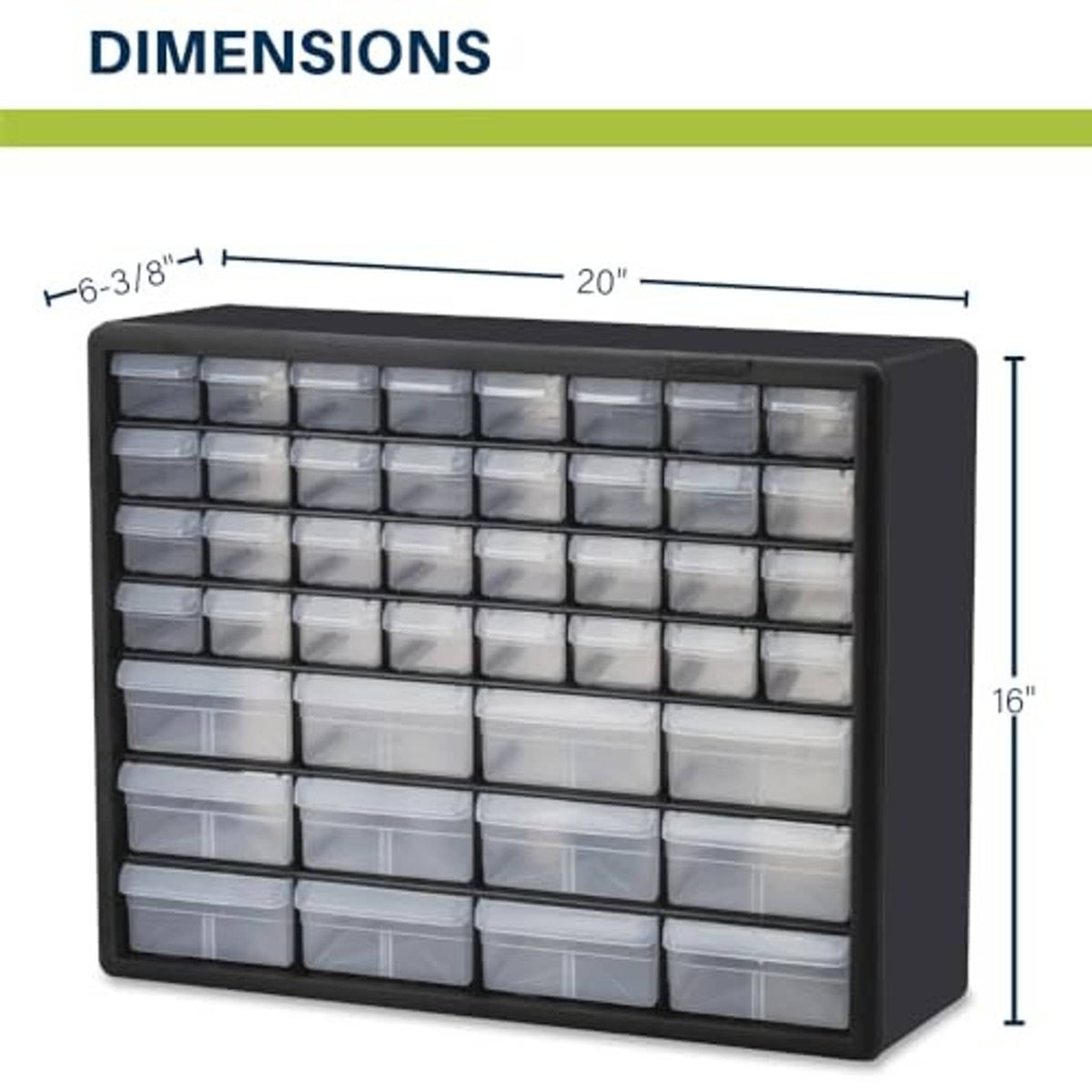 Black plastic drawer cabinet with 44 clear drawers, shown with size dimensions