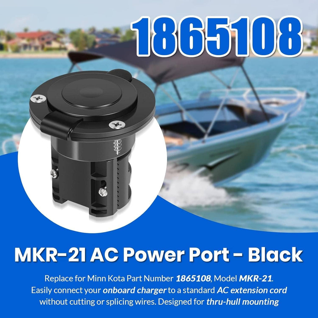 Black AC power port with round watertight cover for marine charger installation
