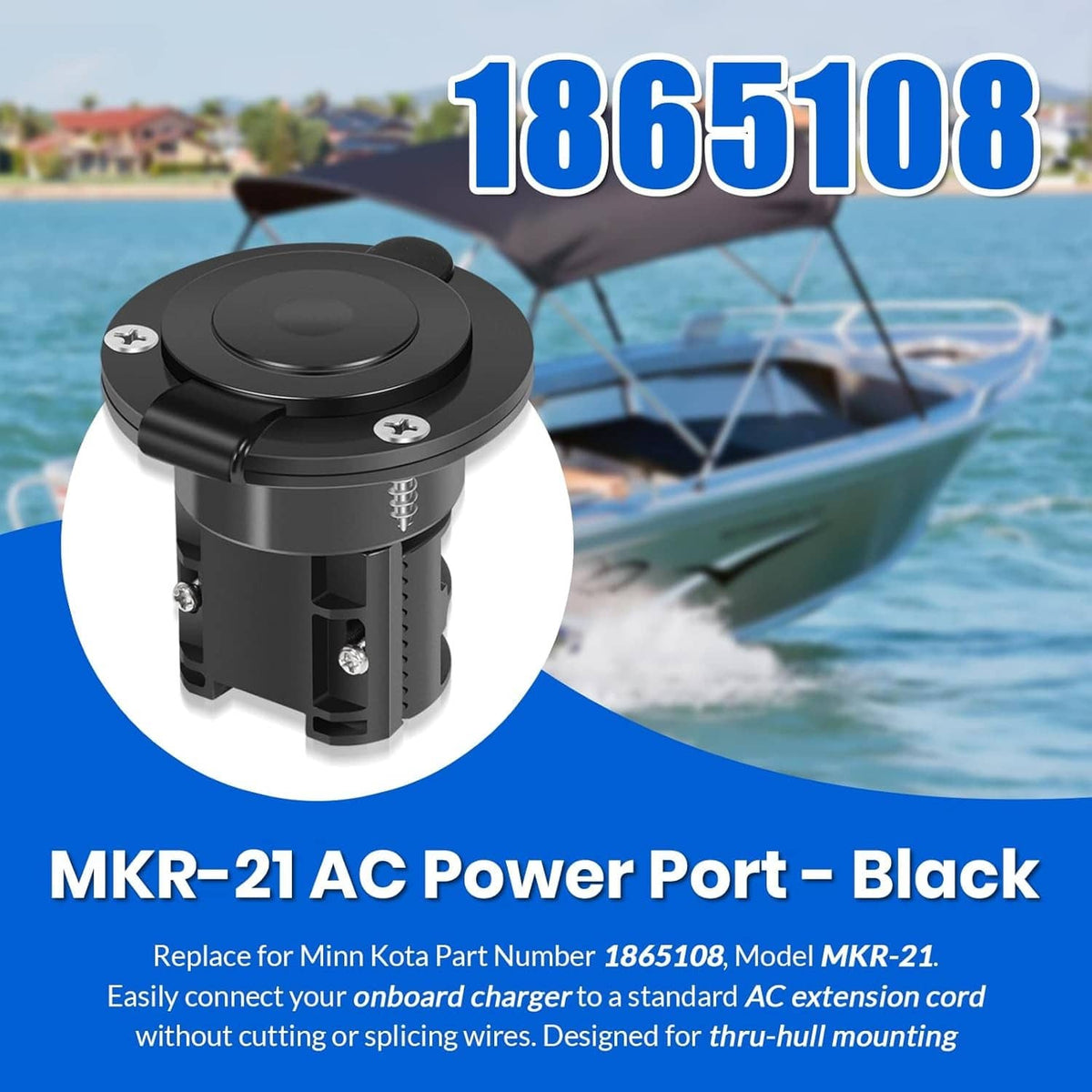 Black AC power port with round watertight cover for marine charger installation