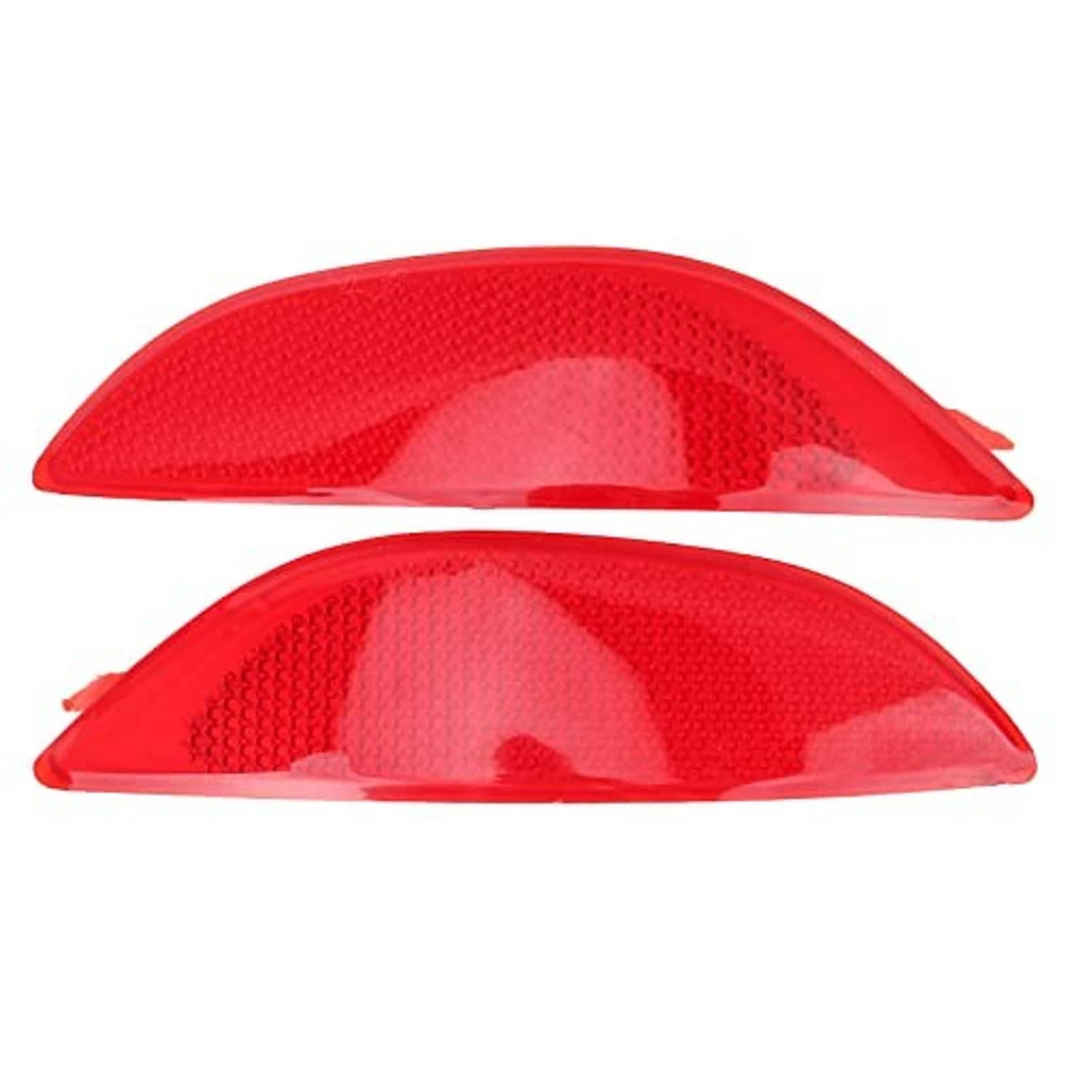 Pair of red rear bumper reflector trim lenses with textured reflector surface