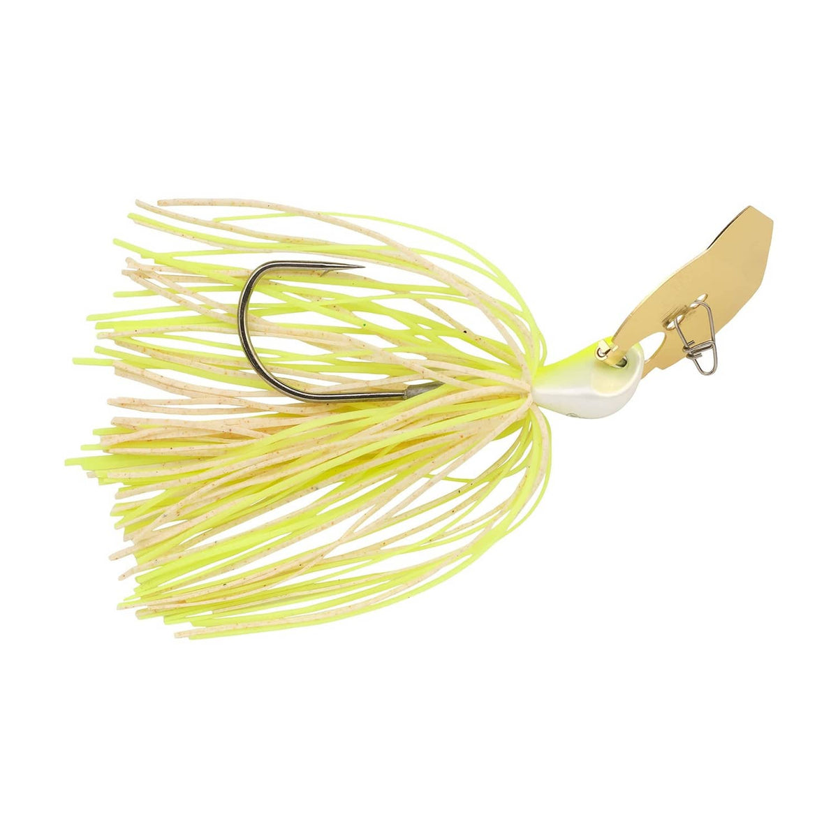 Chartreuse and white bladed fishing jig with metal hook and skirt strands