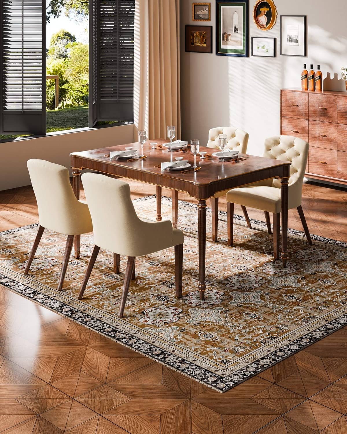 Vintage area rug with intricate medallion pattern and border in warm tan and cream tones