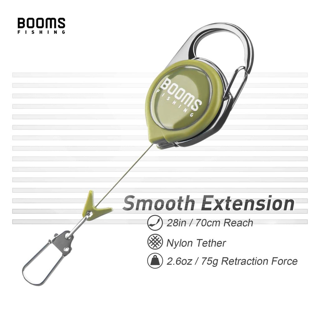 Green retractable fly tool zinger with smooth extension tether and clip