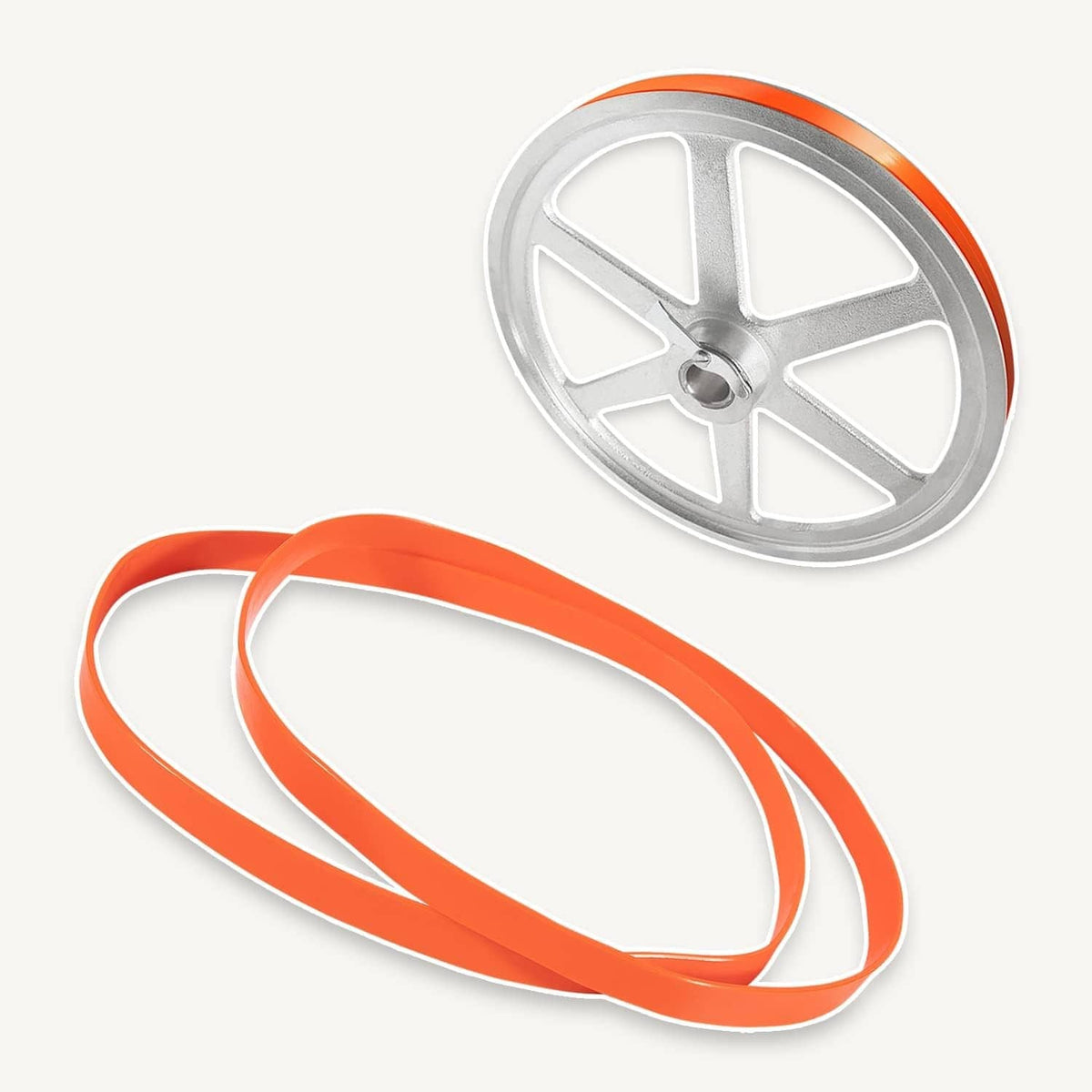 Orange urethane band saw tires: two looped belts with a silver wheel hub shown