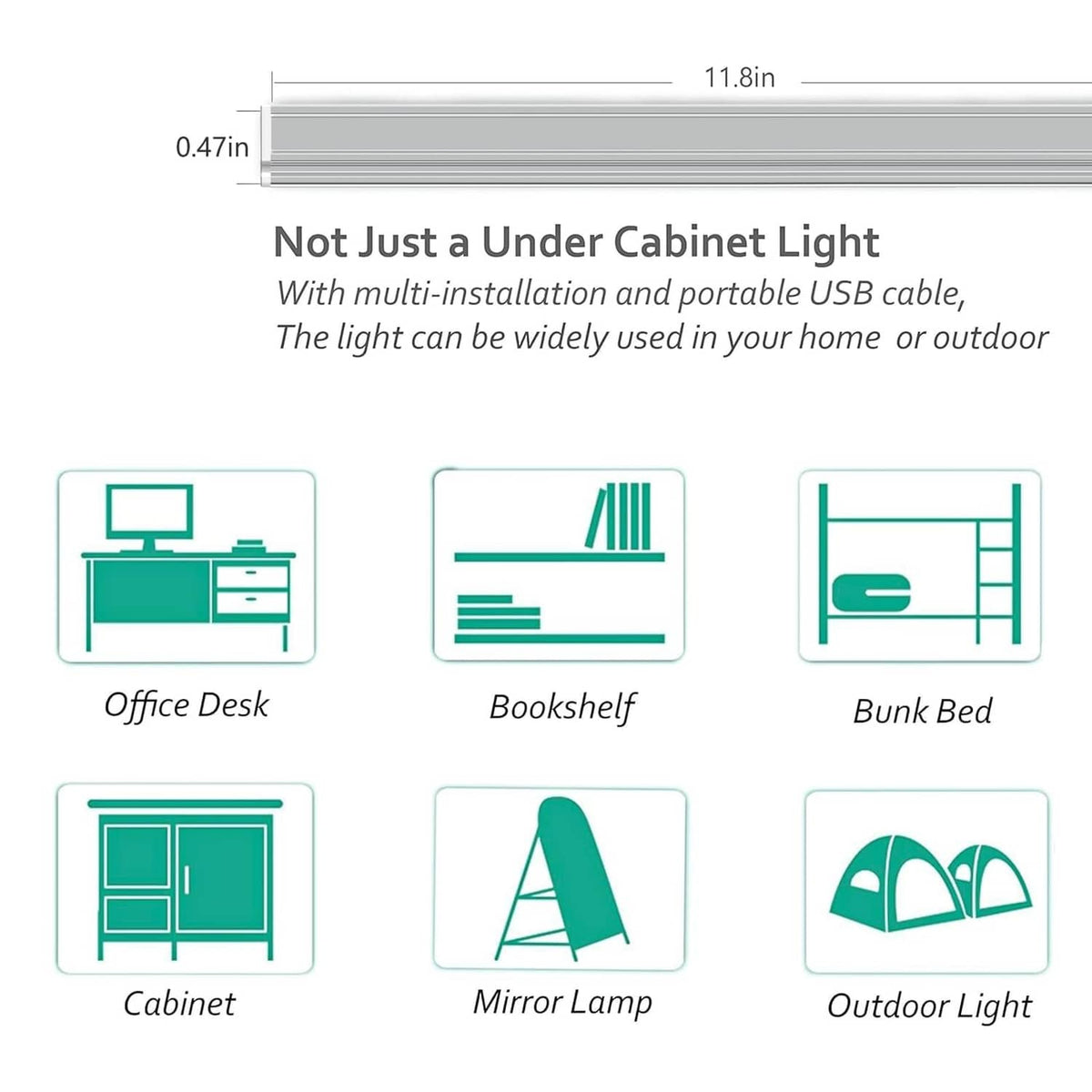 11.8 in LED under-cabinet light bar with USB cable, multipurpose placement icons