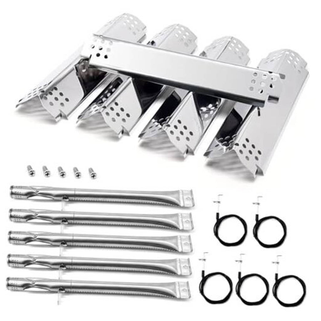 Stainless steel flame burner replacement kit with burner tubes, brackets, and rings (5-pack)