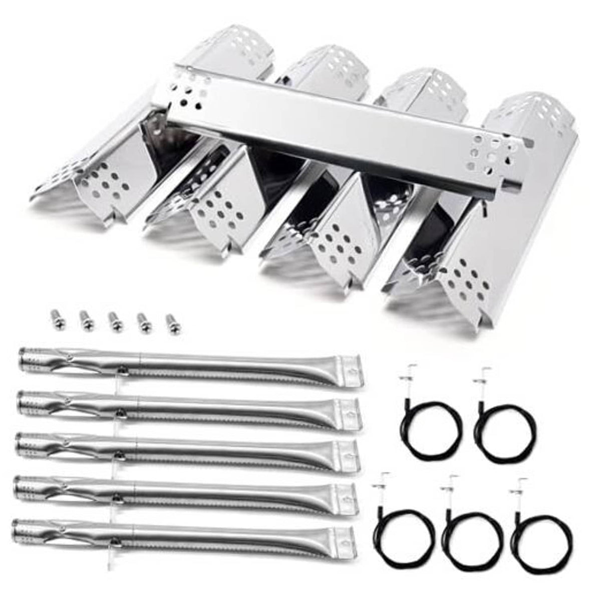 Stainless steel flame burner replacement kit with burner tubes, brackets, and rings (5-pack)