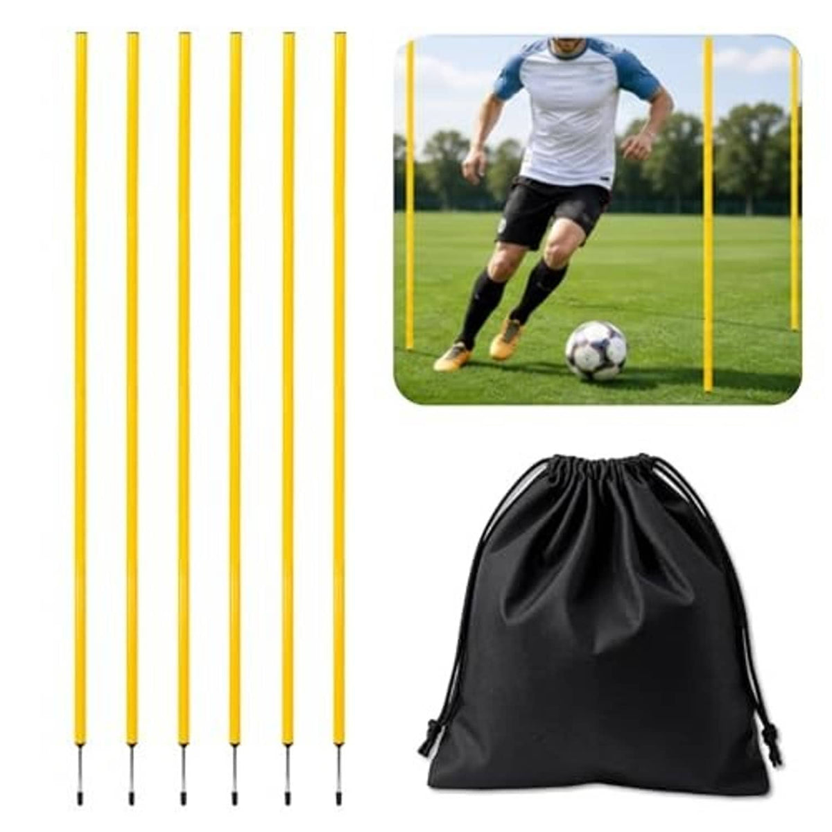Yellow soccer agility poles set with black carry bag and 6 pegs