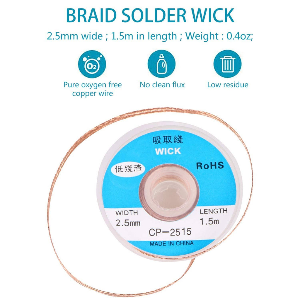 Copper solder wick spool with 2.5mm width and 1.5m length of braid