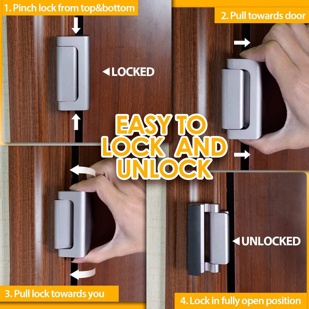 Silver security door lock mechanism shown locked and unlocked